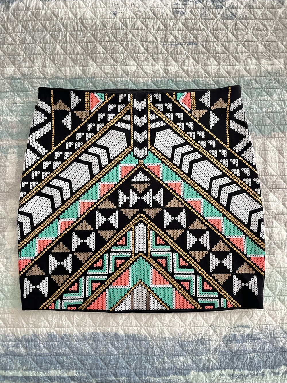 EXPRESS Black Mini Skirt with Coral, Teal & Gold Sequin Geometric Pattern 10104